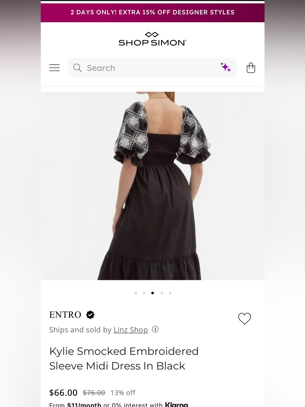 NWT Entro Kylie Puff Sleeve Midi Dress Smocked Bodice Embroidered Cotton - Picture 11 of 14